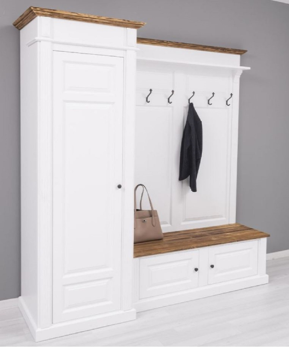 Casa Padrino Landhausstil Garderobenschrank Weiß / Braun 205 X 65 X H. 210  Cm - Massivholz Garderobe - Flur Schrank - Flurmöbel - Garderoben Möbel - inside Flur Kleiderschrank