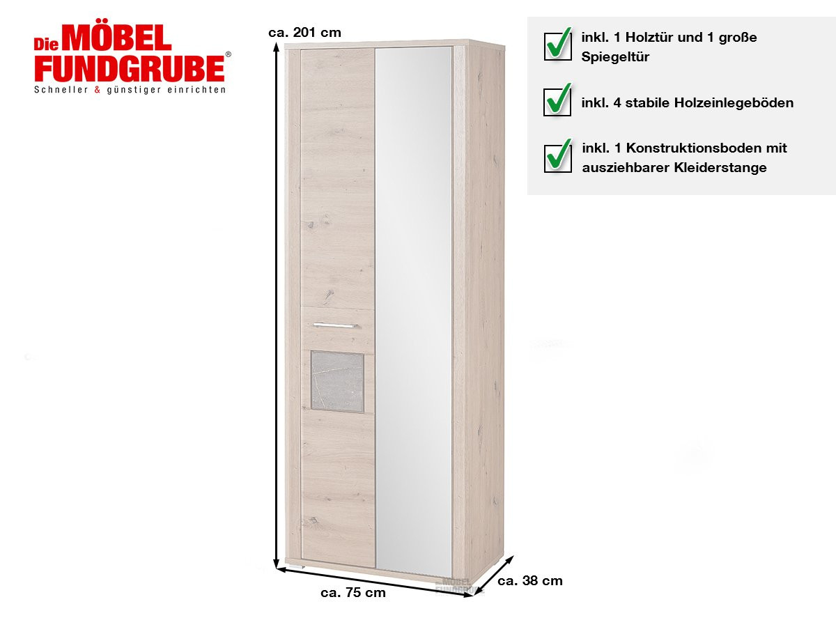 Garderobenschrank Artisan Eiche Breite 75 Cm - Telia in Kleiderschrank 75 Cm Breit