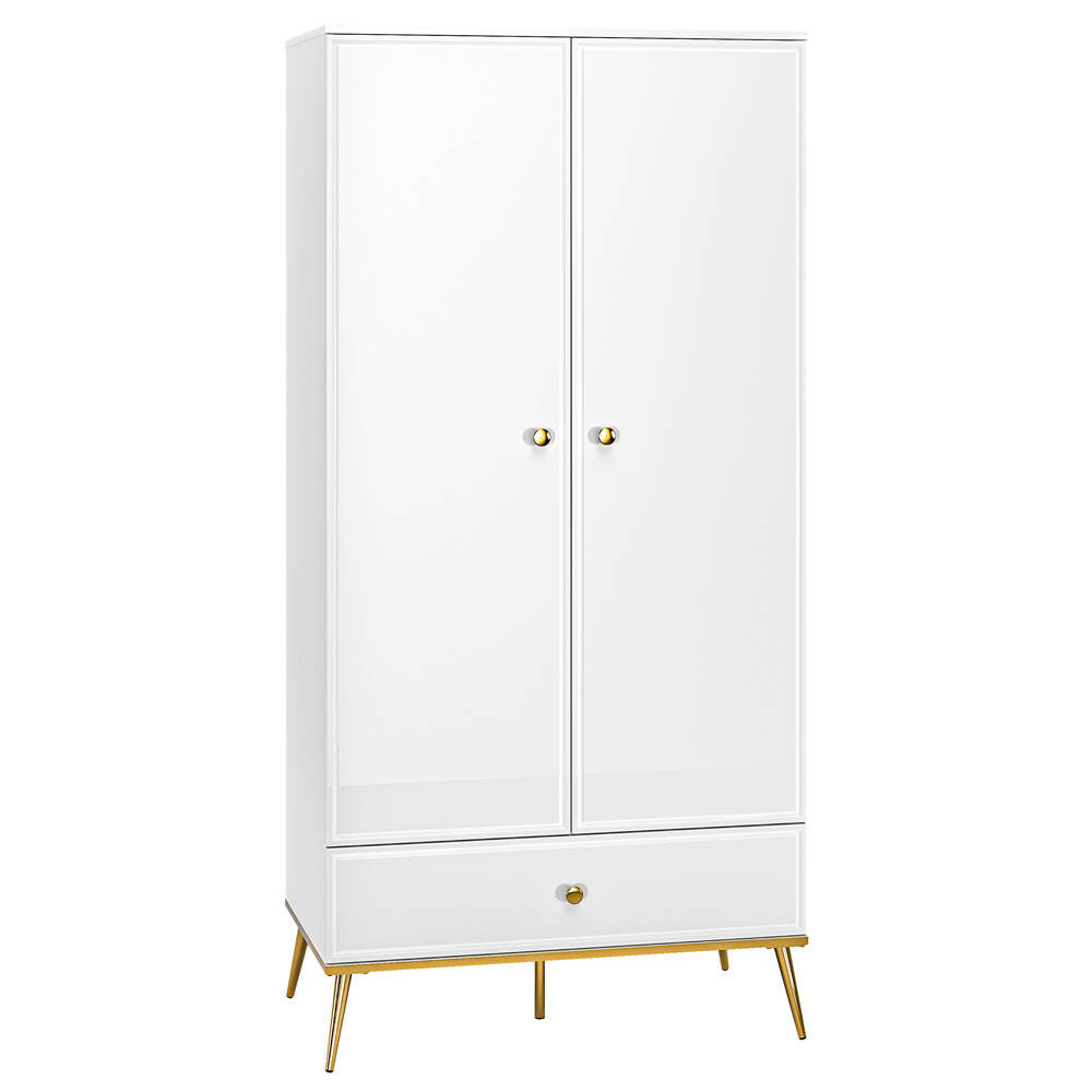 Kleiderschrank Garderobenschrank Weiß Hochglanz Mit 1 Kleiderstange  Gubin-131 Griffe Und Füße Goldfarben, B/H/T: Ca. 92/190/53 Cm with regard to Kleiderschrank Mit Füßen