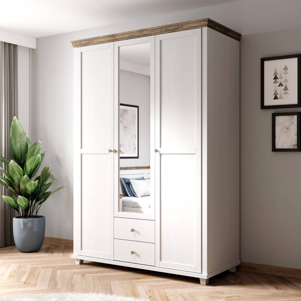 Kleiderschrank Mit Spiegel Landhausstil Epsom-83 In Weiß Abisko Esche Nb.  Mit Lefkas Eiche Nb., 3 Türig, B/H/T: Ca. 154/216/62 Cm throughout Kleiderschrank Mit Spiegel