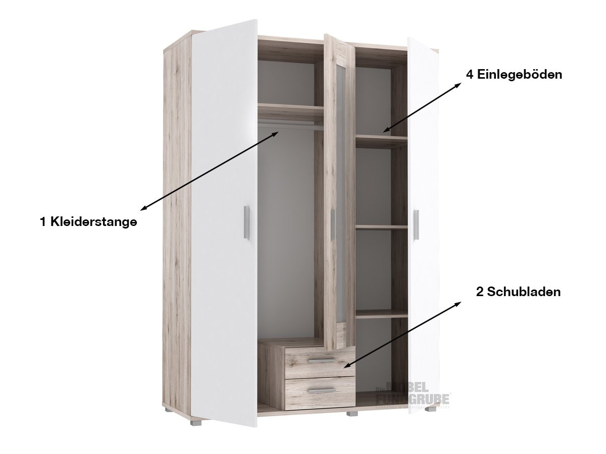 Kleiderschrank Sandeiche - Weiß 140 Cm 3-Türig - Beach intended for Kleiderschrank 140 Breit