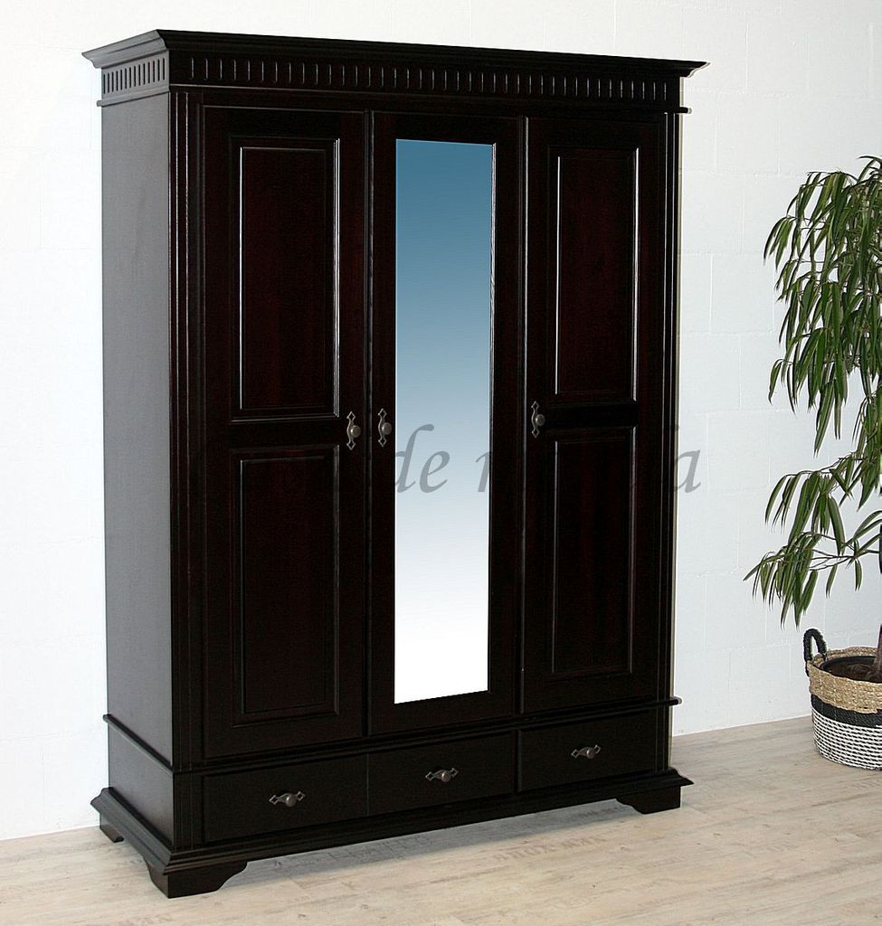 Massivholz Garderobenschrank Mit Spiegel 3Türig Fichte Massiv 154X205X58Cm  Dunkelbraun Kolonial | Massivholzmoebel-Experte regarding Kleiderschrank Dunkelbraun